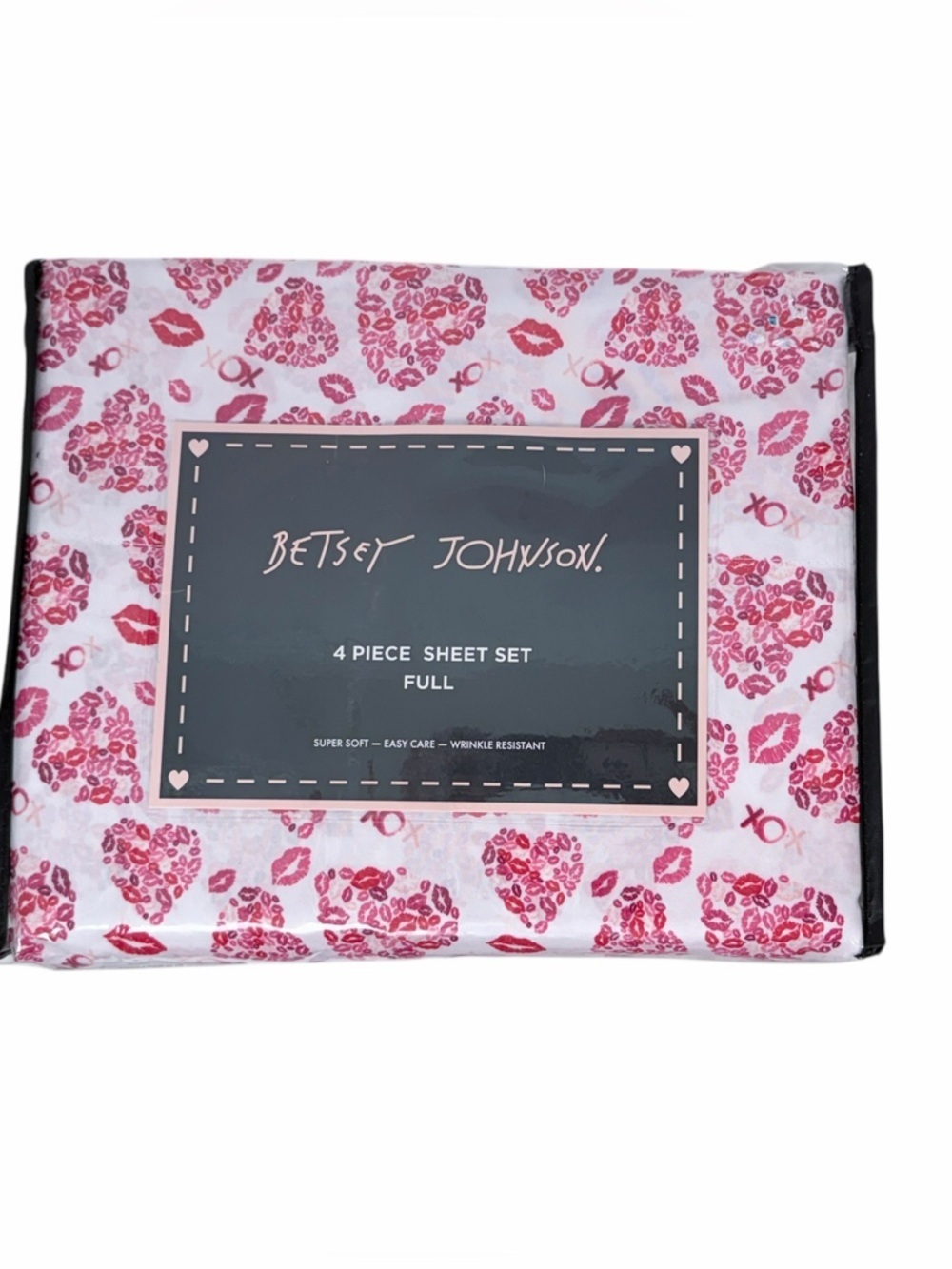 Betsey Johnson Full Sheet Set Lipstick Kiss Hearts Pink Bedding 4 Piece - Picture 2 of 6